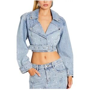 RETROFETE Marcie Denim Rhinestone Embellished Cropped Moto Jacket XL